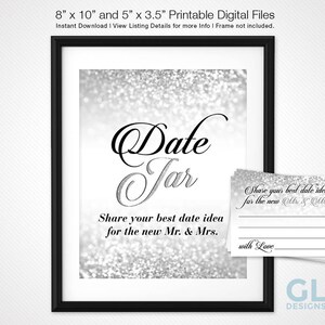 Silver Bridal Shower Game Date Jar Game card + Sign. Silver & White Sparkle Glitter date ideas Bridal Game. Instant Download, Printable