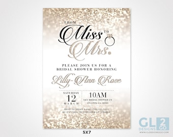 From Miss to Mrs. Bridal Shower Invitation. Elegant Glitter Sparkle Champagne Black & White Diamond Ring Digital Download Bridal Invitation