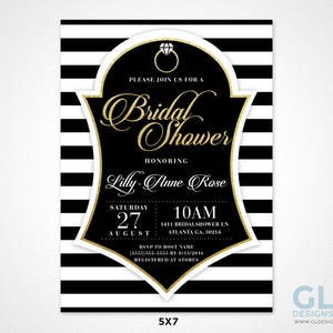 Black and White Stripe Water Bottle Label w/ Diamond Wedding Ring. Bridal Shower, Engagement Party Printable Black, White & Gold Party Favor image 3