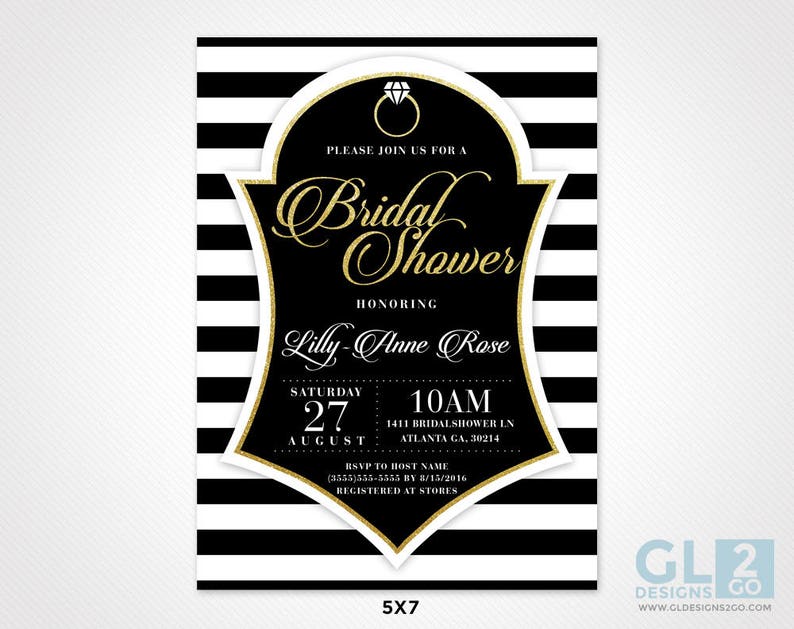 Black and White Stripe Water Bottle Label w/ Diamond Wedding Ring. Bridal Shower, Engagement Party Printable Black, White & Gold Party Favor image 3