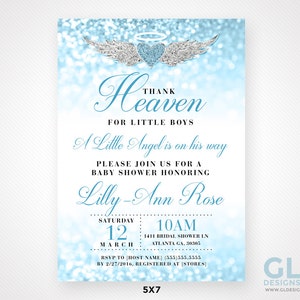 Thank Heaven for Little Boys Baby Shower Invitation. 5&quot;x7&quot; Blue, White & Silver Heaven Sent Theme Invitation. Heart Halo w/ Angel Wings
