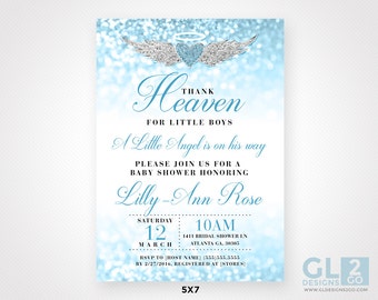 Thank Heaven for Little Boys Baby Shower Invitation. 5"x7" Blue, White & Silver Heaven Sent Theme Invitation. Heart Halo w/ Angel Wings