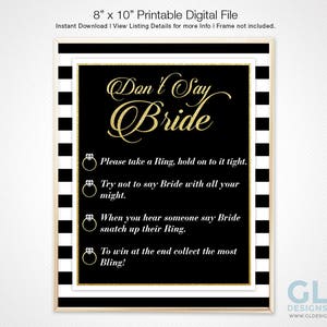 Black and White Stripe Water Bottle Label w/ Diamond Wedding Ring. Bridal Shower, Engagement Party Printable Black, White & Gold Party Favor image 10