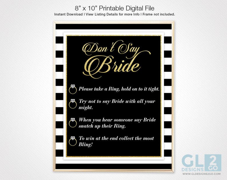 Black and White Stripe Water Bottle Label w/ Diamond Wedding Ring. Bridal Shower, Engagement Party Printable Black, White & Gold Party Favor image 10