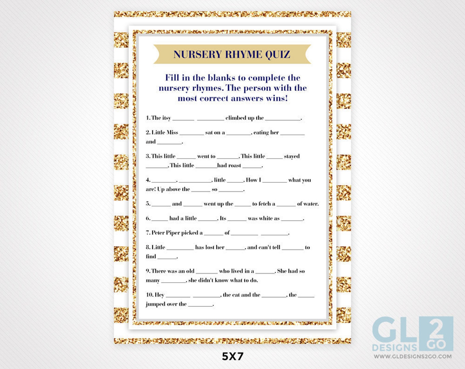 Nursery Rhyme Quiz. Printable 5x7 White Gold &amp; Blue Nursery - Etsy