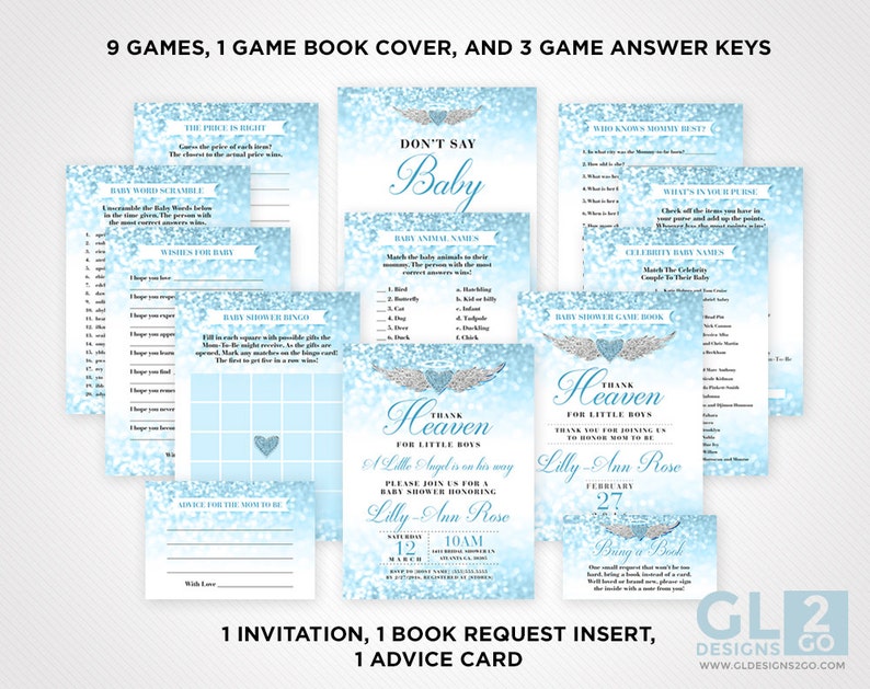 Nursery Rhyme Quiz Boy Baby Shower Game. 5x7 Printable Blue & White