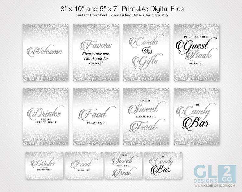 Silver Gift Table Sign. 8x10 Printable Glitter Sparkle Silver White Bridal Shower Gifts Sign, Wedding Gifts Sign, Cards & Gifts Table Sign image 4