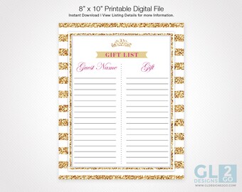 Princess Baby Shower Gift List Tracker. 8x10 Printable Princess Baby Shower Gift Organizer w/ Tiara. Hot Pink, Gold & White Girl Baby Shower