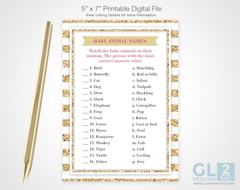 Baby Animal Names Girl Baby Shower Game. Printable Gold, White & Fuchsia Hot Pink Royal Princess Baby Shower Game. Instant Download