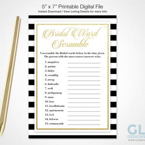 Bridal Word Scramble Game. White, Black & Gold Bridal Shower Game. Printable Black and White Stripe Bridal Game. Instant Download Word Game
