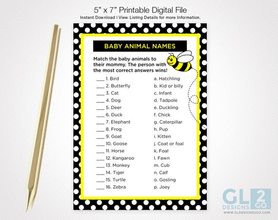 Baby Animal Names Bee Baby Shower Game. Printable Black White - Etsy Baby Animal Names Bee Baby Shower Game. Printable Black White - Etsy