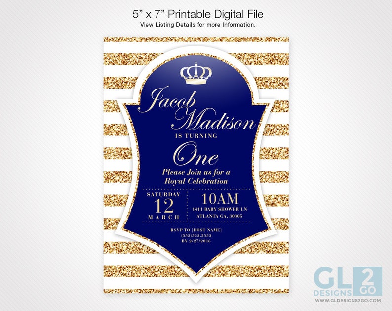 Prince Birthday Invitation White Gold Royal Blue Digital Etsy