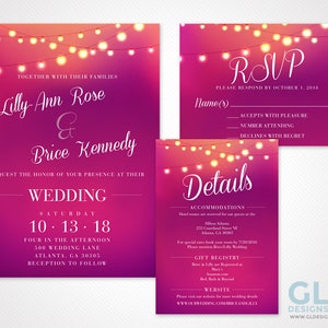 Wedding Invitation w/ Hanging Lights. Purple, Pink & White Digital Download / Printable Wedding Invitation set w/ RSVP and Details Insert
