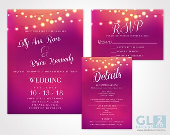 Wedding Invitation w/ Hanging Lights. Purple, Pink & White Digital Download / Printable Wedding Invitation set w/ RSVP and Details Insert