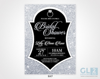 Black and Silver Bridal Shower Invitation w/ Diamond Ring. Black, Silver & White Sparkle Glitter Digital Download / Printable Invitation