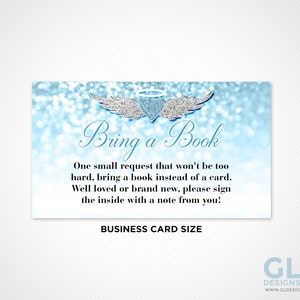 Apportez un livre Invitation Insert pour Shower de bébé garçon. Téléchargement instantané Merci ciel livre demande. Bleu, blanc et argent. Coeur avec ailes de Halo