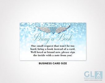 Bring a Book Invitation Insert for Boy Baby Shower. Instant Download Thank Heaven Book Request. Blue, White & Silver. Heart w/ Halo Wings