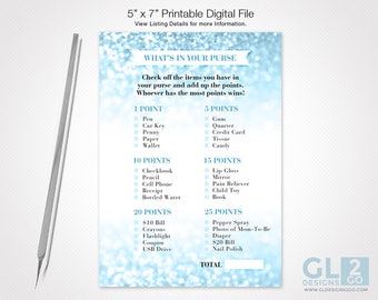 What's in your purse Boy Baby Shower Game. 5x7 Printable Blue & White Baby Shower Purse Game. Glitter Sparkle. Instant Digital Download