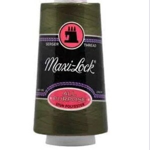 May include: A spool of Maxi-Lock serger thread in a dark olive green color. The label features the text "Maxi-Lock" in a cursive font, with a red and black sewing machine icon. The label also says "All Purpose Spun Polyester".