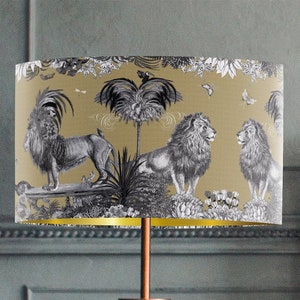 Tropical Lion lampshade in gold, with gold metallic lining, designer fabric handmade in the UK jungle style decor statement lampshade