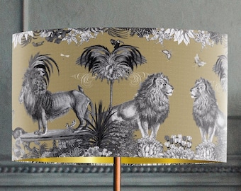 Tropical Lion lampshade in gold, with gold metallic lining, designer fabric handmade in the UK jungle style decor statement lampshade