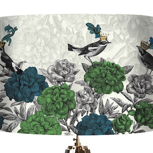 Floral Lampshade, Blooming Birds green and blue, drum lamp bird decor modern lampshade living room lampshade fabric large bedroom woodland