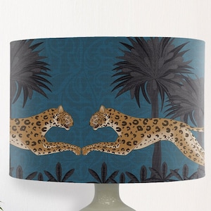 Leopard lampshade Big cat table lamp Animal lampshade Palm trees lampshade Dining room lighting Blue decor idea Designer decor - Lagoon blue