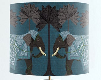 Blue Elephant Lampshade with Palm Trees, Handmade Safari Inspired Decor for Eclectic Home Lighting Tropical theme decoration drum lamp shade