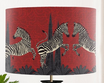 Dancing Zebras on Red Animalia lampshade, Tropical designer fabric, handmade in the UK, red and black design hand drawn, fabric drum shade