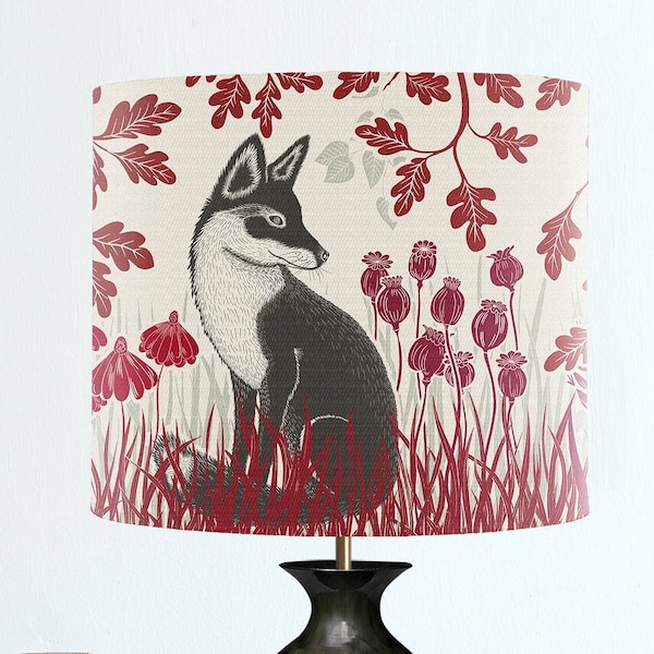 Fox lamp shade, Woodland lampshade country cottage style, handmade lamp shade in claret reds, woodland nursery, Designer fabric, drum shade