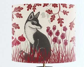 Fox lamp shade, Woodland lampshade country cottage style, handmade lamp shade in claret reds, woodland nursery, Designer fabric, drum shade