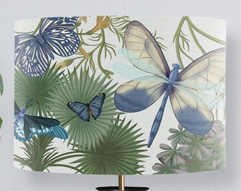 Blue and Green Butterfly and Botanical Drum Lampshade, Nature-Inspired Decor for Whimsical Home Lighting, summer and spring decor lamp shade