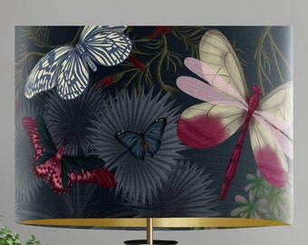 Butterfly lamp shade - Butterfly Garden Moonlight - Dark Grey botanical lamp shade for table for ceiling, metallic gold lining, fabric