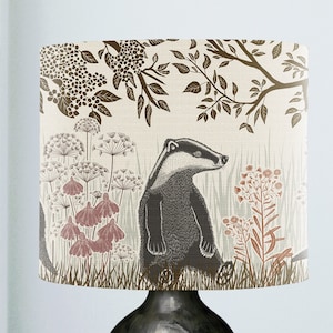 Country lamp shade, Woodland Badger lampshade, country cottage decor woodland nursery, autumnal colors Fall decor tones Badger decor EARTH