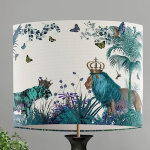 Lamp shade Tropical Lions Blue drum lampshade Lion decor jungle tropical decor nursery lampshade blue lampshade blue room decor lighting image 1