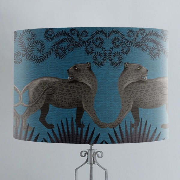 Panther lamp shade in blue and black, jaguar lamp, tropical lampshade, jungle animal decor, modern tropical decor, handmade designer fabric