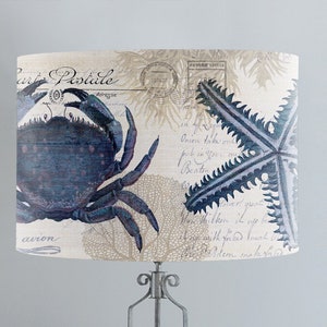 Seaside Postcard Lampshade - Blue Crab Nautical lampshade for table lamp,  or pendant lamp shade for ceiling Coastal home decor beach house