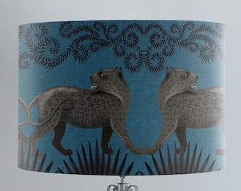 Panther lamp shade in blue and black, jaguar lamp, tropical lampshade, jungle animal decor, modern tropical decor, handmade designer fabric