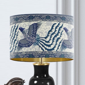 Phoenix in Flight, Blue and Cream Chinoiserie style lamp shade, Asian style handmade fabric printed luxury designer lampshade, made in uk