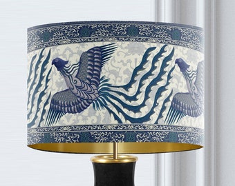 Phoenix in Flight, Blue and Cream Chinoiserie style lamp shade, Asian style handmade fabric printed luxury designer lampshade, made in uk