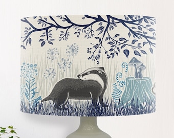 Woodland Badger lamp shade in Blues, country cottage lampshade, designer fabric, cottage decor, woodland nursery decor, british wildlife