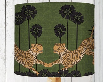 Tropical lampshade in green, tiger print lampshade, jungle animal nursery lampshade, UK designer, handmade in the UK, modern tropical decor