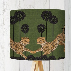 Tropical lampshade in green, tiger print lampshade, jungle animal nursery lampshade, UK designer, handmade in the UK, modern tropical decor