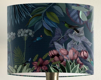 Hummingbird Garden, Dark Blue Botanical lampshade, bird & floral tropical decor, on trend design lampshade for table lamp or ceiling pendant