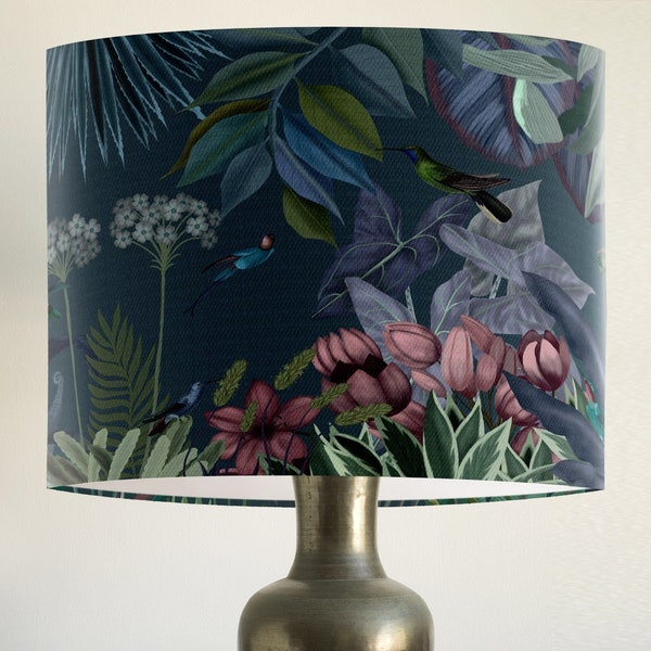 Hummingbird Garden, Dark Blue Botanical lampshade, bird & floral tropical decor, on trend design lampshade for table lamp or ceiling pendant