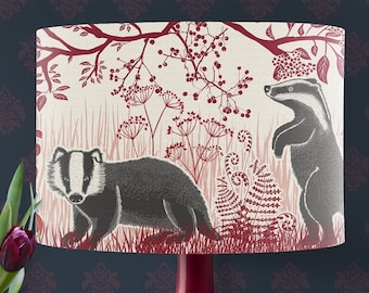 Badger lamp shade in reds, Woodland lampshade, Forest animal Decor, woodland nursery, badger decor theme, country cottage decor, badger gift