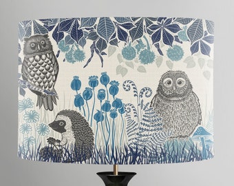 Woodland lamp shade Owl lampshade in blue, country home lampshade wildlife table lamp, Squirrel Decor Hedgehog gift, country cottage nursery