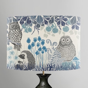 Woodland lamp shade Owl lampshade in blue, country home lampshade wildlife table lamp, Squirrel Decor Hedgehog gift, country cottage nursery