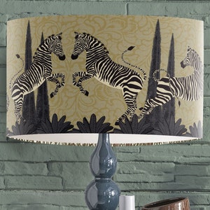 Dancing Zebra on Gold Lampshade, Tropical lamp shade, African style Animal, black and gold decor, jungle theme decor, drum lampshade UK made