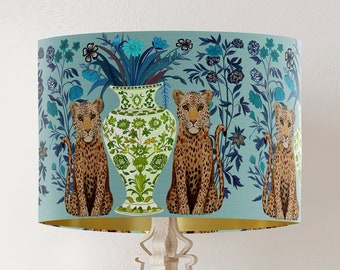 Floral Leopard lampshade on Aquamarine with gold lining, Handmade botanical blue green mint designer lamp shade for table lamp or pendant